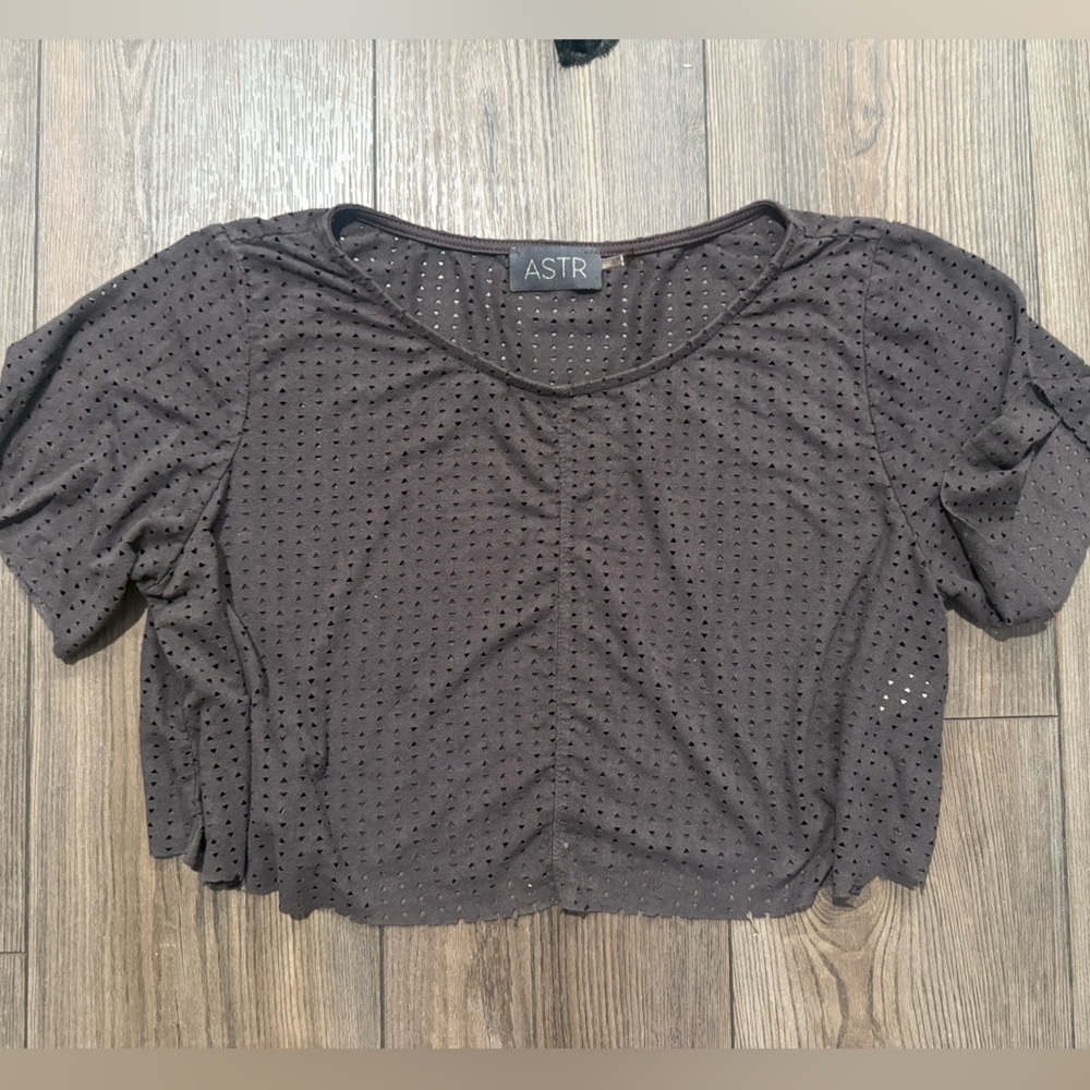 ASTR the Label Brown Eyelet Mesh Crop Top XS Sheer Perforated Tee